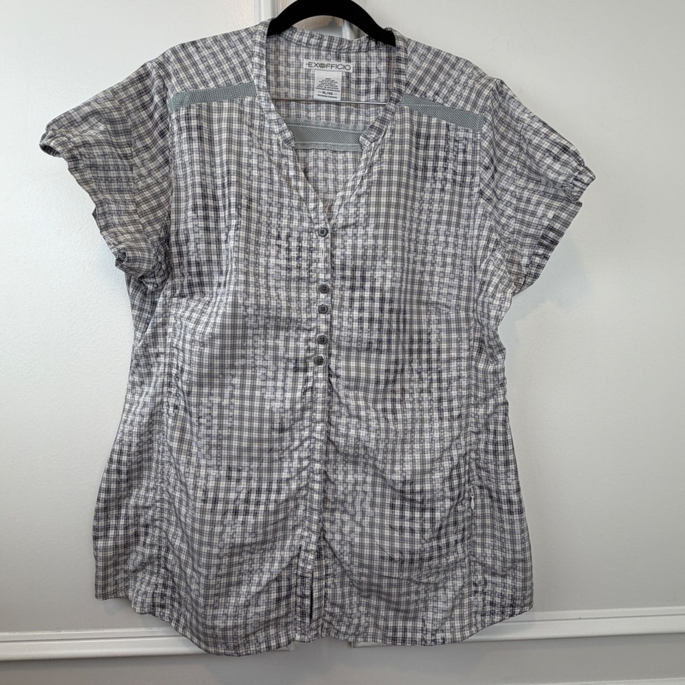 ExOfficio Womens XL Plaid Short Sleeve Hiking Travel Shirt Grey Button Up Mesh